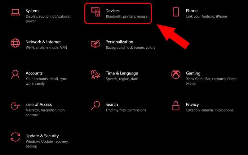 Giao diện cài đặt Windows, mục Devices để truy cập cài đặt chuột cảm ứng
