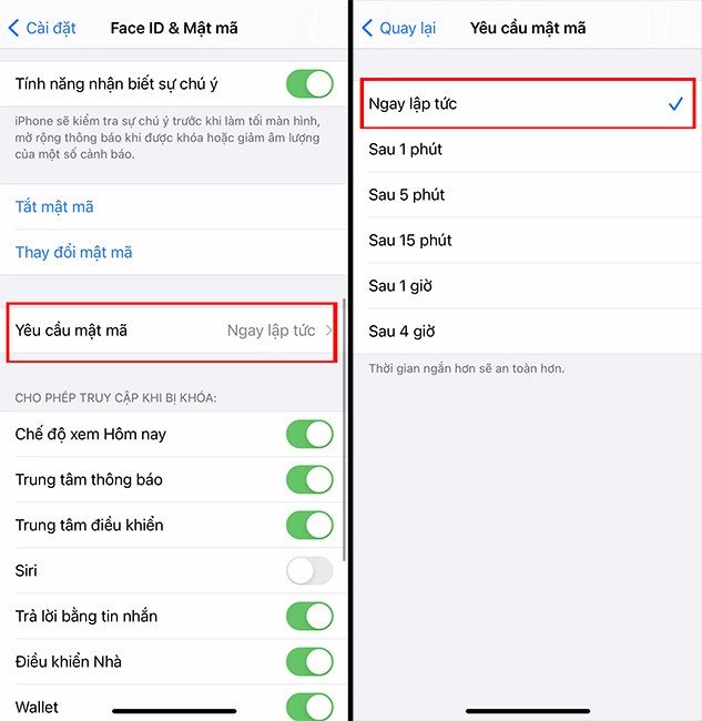 Giao diện cài đặt yêu cầu mật khẩu, chọn chế độ "Ngay lập tức" để bảo mật tối đa.
