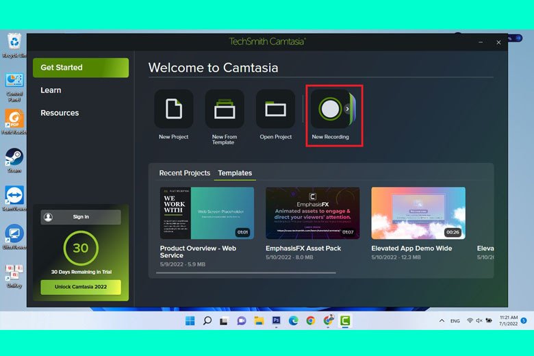 Giao diện Camtasia đang ở chế độ New Recording, sẵn sàng cho việc ghi hình hoặc chụp màn hình