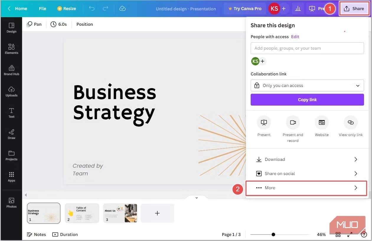 Giao diện Canva với nút Share và tùy chọn More