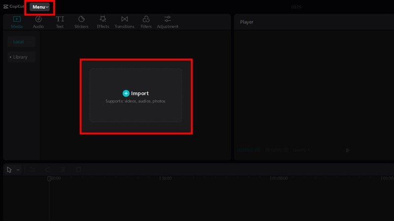 Giao diện CapCut trên laptop với khu vực Import media