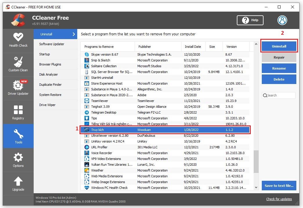 Giao diện CCleaner, chọn Tools và Uninstall