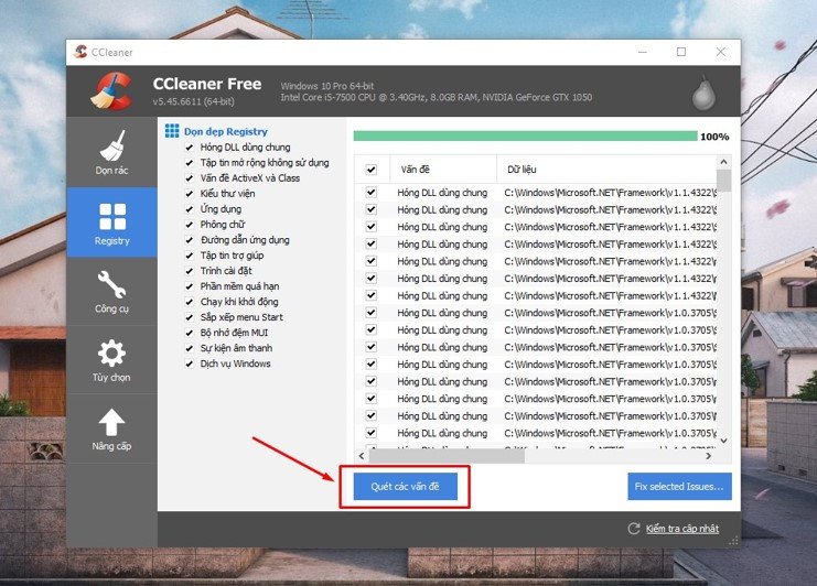 Giao diện CCleaner để quét và sửa lỗi Registry cho laptop