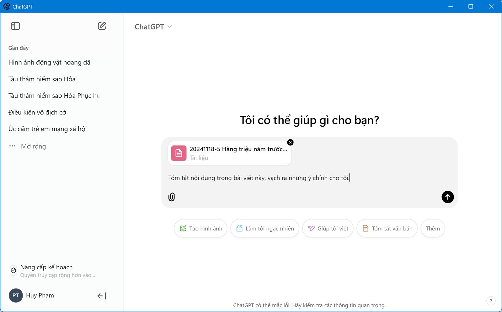 Giao diện chat trực quan của ChatGPT trên máy tính