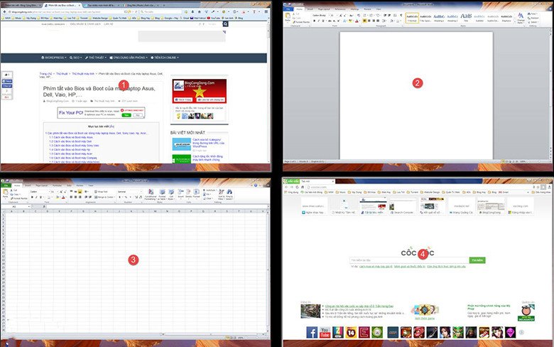 Giao diện chia 2 màn hình laptop hiển thị các ứng dụng đang mở