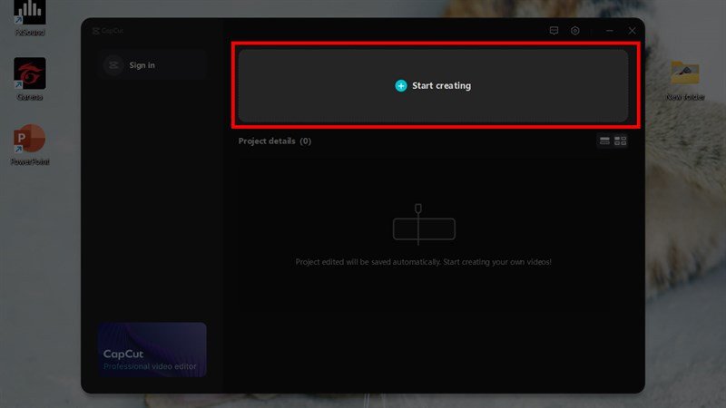 Giao diện chính CapCut trên laptop, nút Start creating