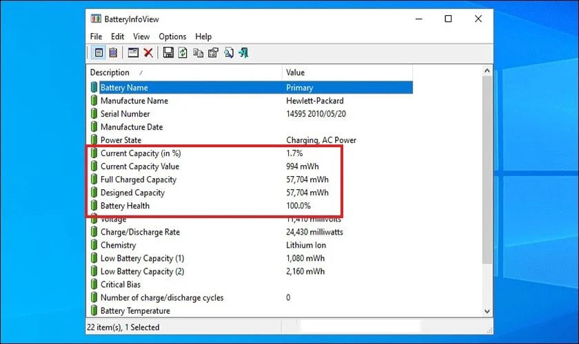 Giao diện chính của BatteryInfoView hiển thị thông tin chi tiết về pin laptop