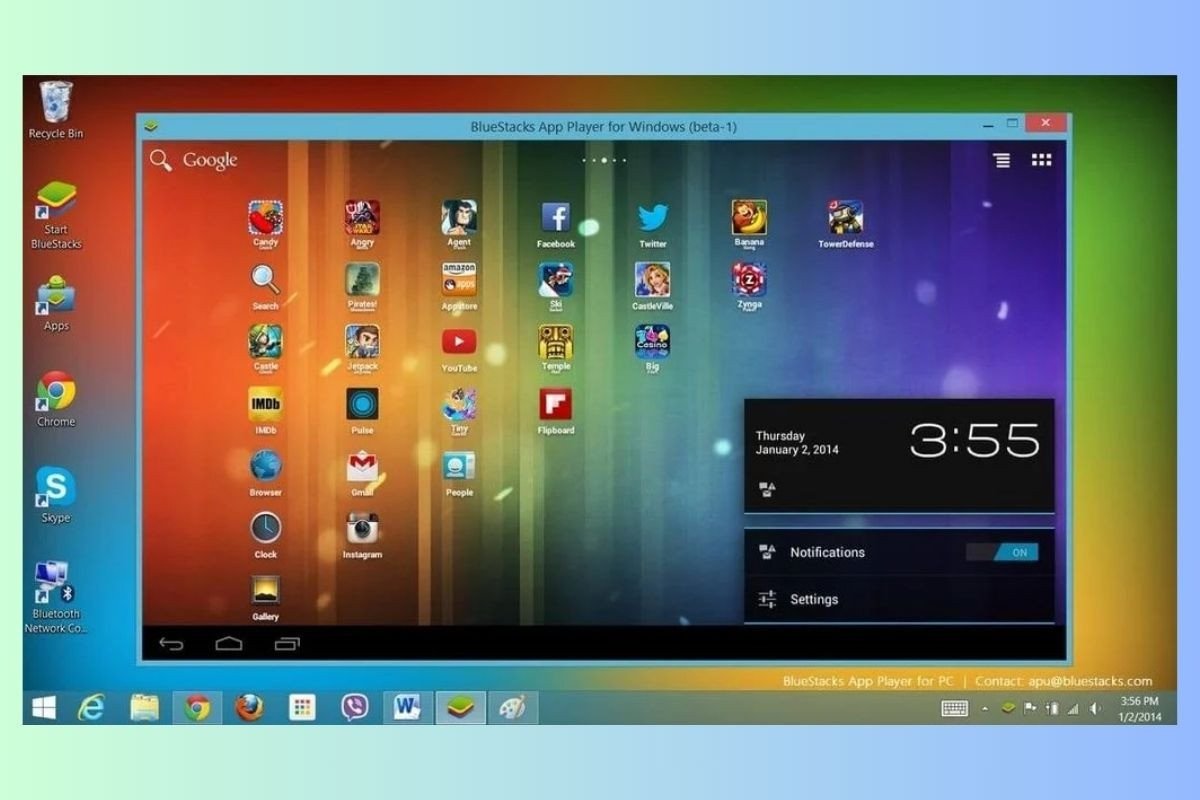 Giao diện chính của một phần mềm giả lập Android hoạt động trên màn hình laptop, hiển thị ứng dụng di động