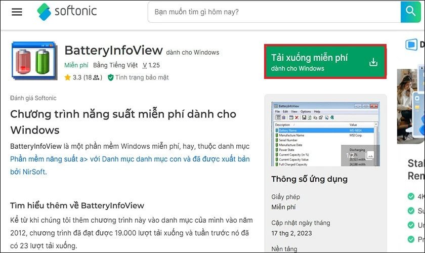 Giao diện chính của phần mềm BatteryInfoView hiển thị các thông số chi tiết của pin laptop