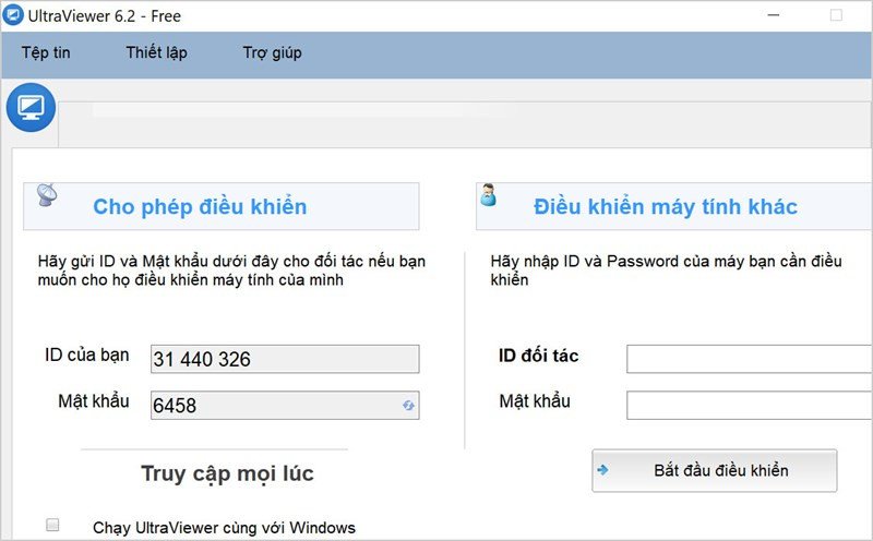 Giao diện chính của phần mềm UltraViewer sau khi cài đặt