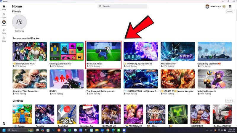 Giao diện chính của Roblox trên ứng dụng đã cài đặt trên máy tính laptop, hiển thị các game để lựa chọn