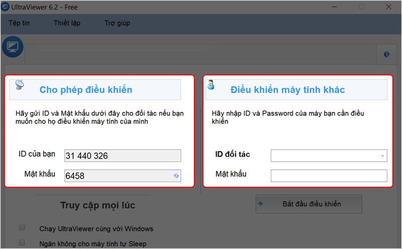 Giao diện chính của UltraViewer chia thành hai phần rõ ràng