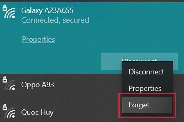 Giao diện chọn mạng WiFi trên Windows, với tùy chọn "Forget" để khắc phục laptop không bắt được WiFi nhà