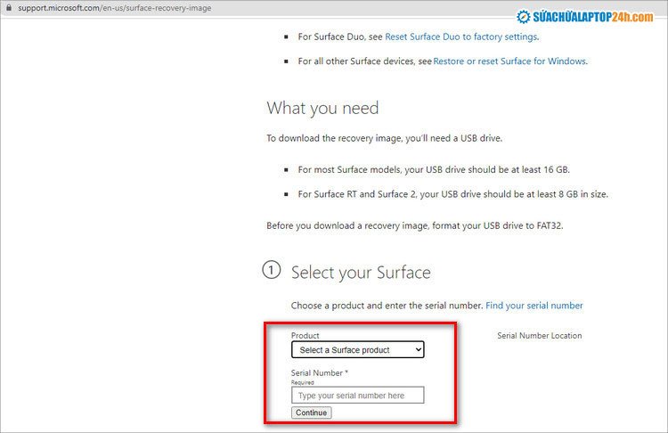 Giao diện chọn model Surface Laptop 3 để tải Recovery Image từ Microsoft