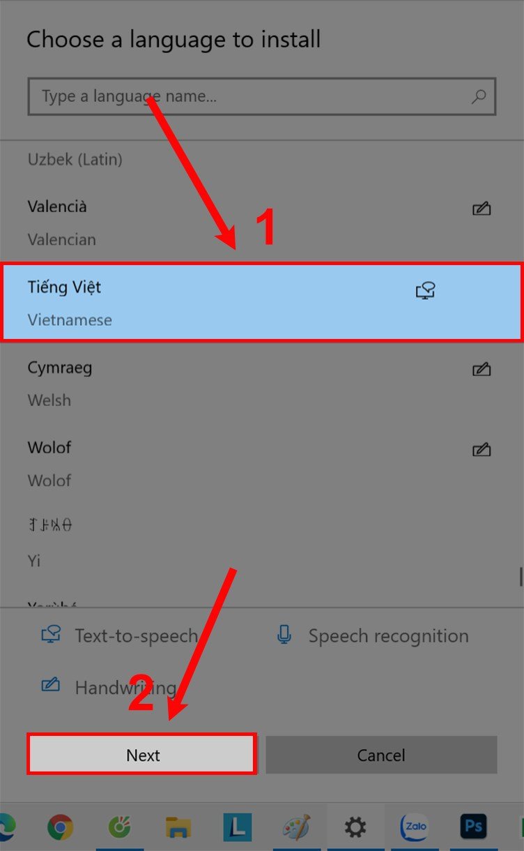 Giao diện chọn ngôn ngữ để cài đặt trên Windows 10