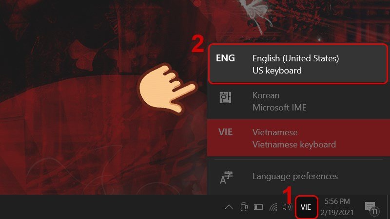 Giao diện chọn ngôn ngữ English (United States) trên thanh tác vụ để sửa lỗi gõ số ra chữ