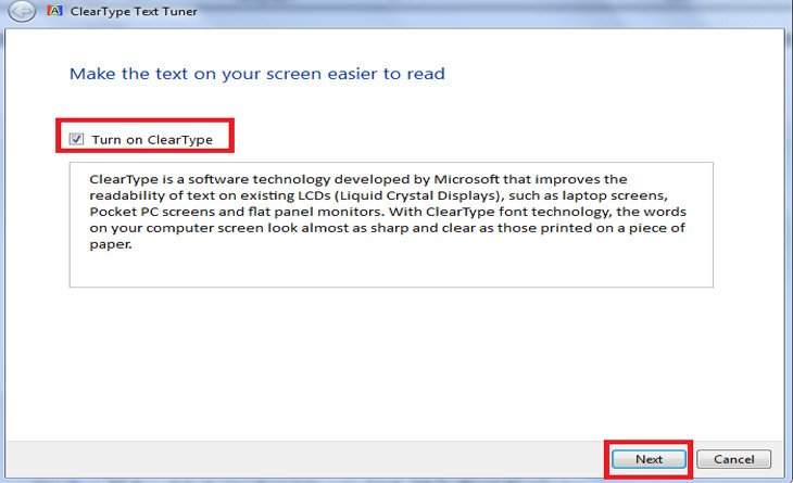Giao diện ClearType Text Tuner, một phần trong quy trình cân màu màn hình laptop của Windows, tối ưu hiển thị văn bản.