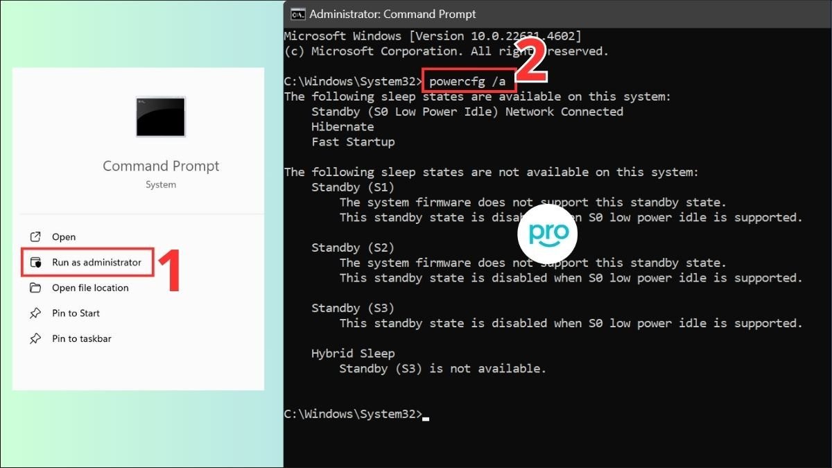 Giao diện Command Prompt hiển thị kết quả kiểm tra Modern Standby, một chế độ có thể ảnh hưởng đến việc laptop tự bật nguồn khi mở nắp
