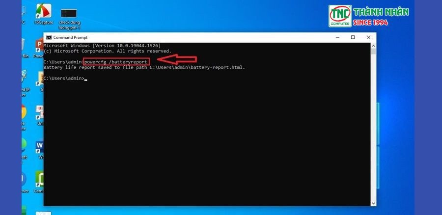 Giao diện Command Prompt hiển thị kết quả lệnh powercfg để xem báo cáo pin laptop