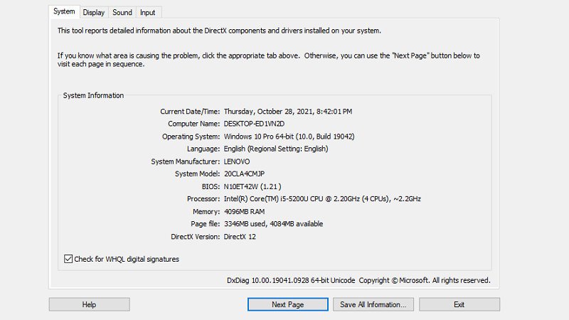 Giao diện công cụ DirectX Diagnostic Tool (dxdiag) hiển thị thông tin phần cứng laptop