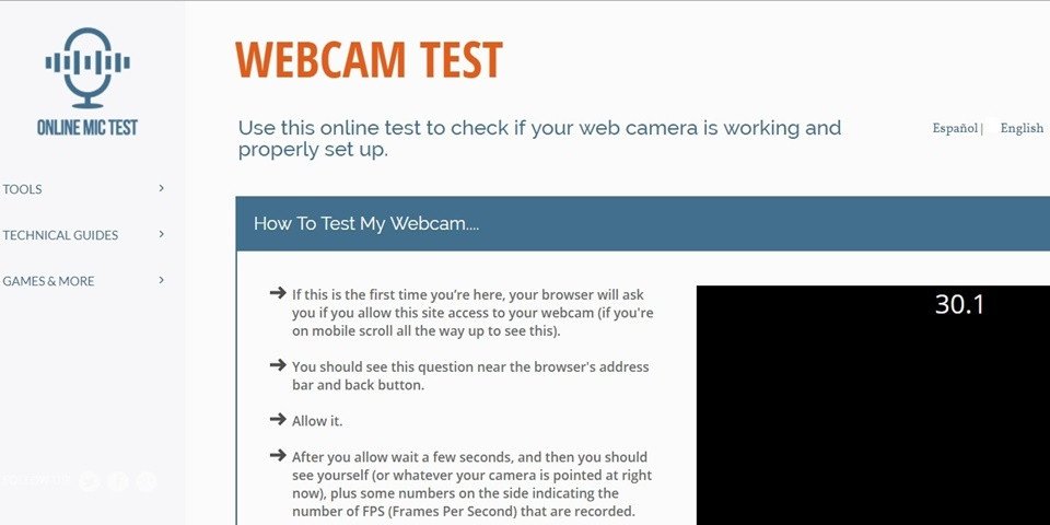 Giao diện công cụ kiểm tra webcam trực tuyến trên laptop Win 10