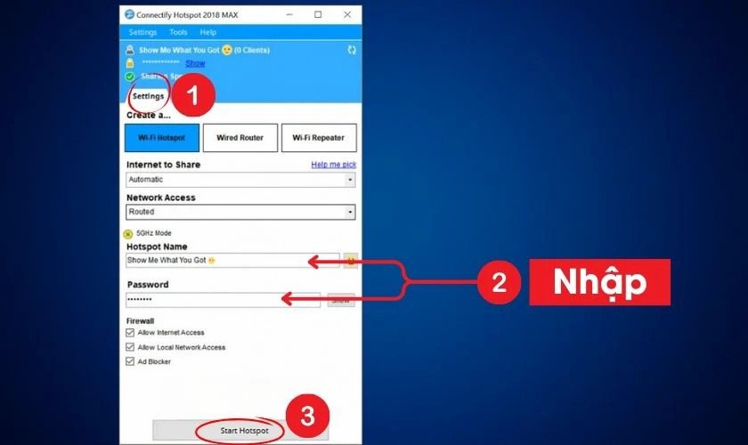 Giao diện Connectify Hotspot để cấu hình và phát Wifi từ laptop Windows 10