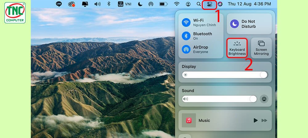 Giao diện Control Center trên MacOS, với thanh trượt điều chỉnh độ sáng đèn bàn phím laptop.