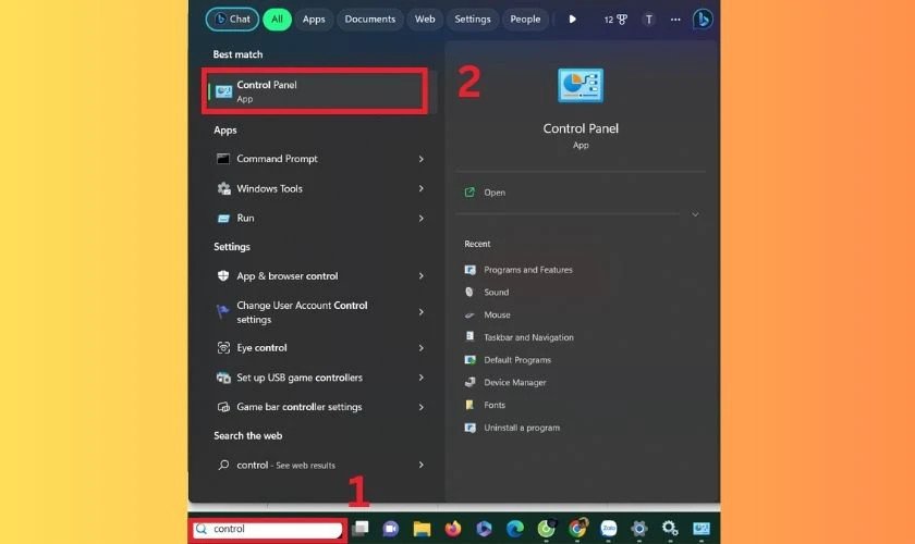 Giao diện Control Panel để tìm kiếm cài đặt Mouse, liên quan đến điều khiển touchpad