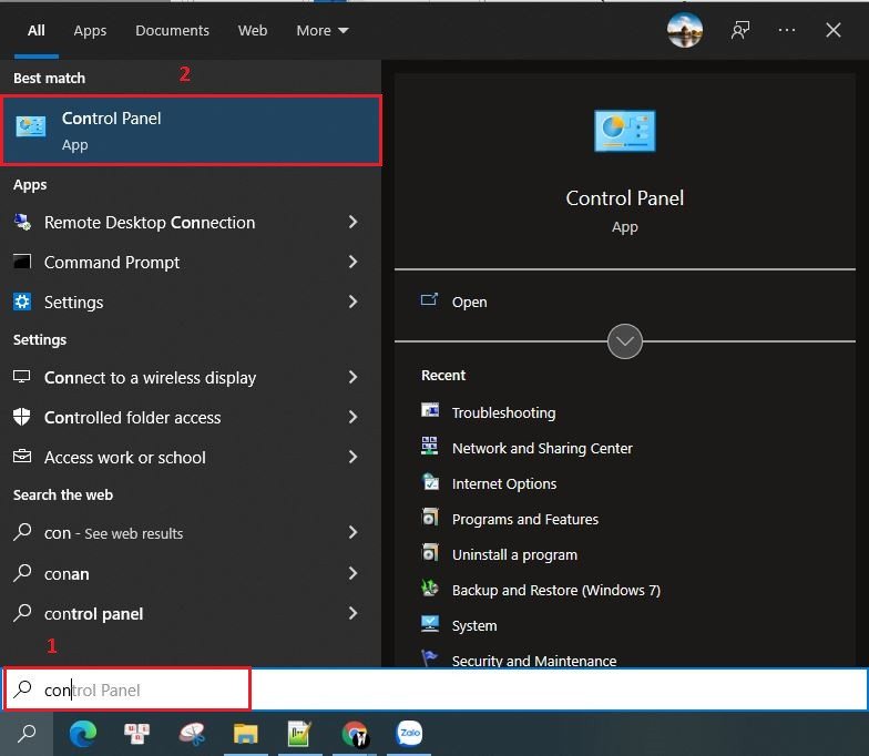 Giao diện Control Panel trên Windows 10