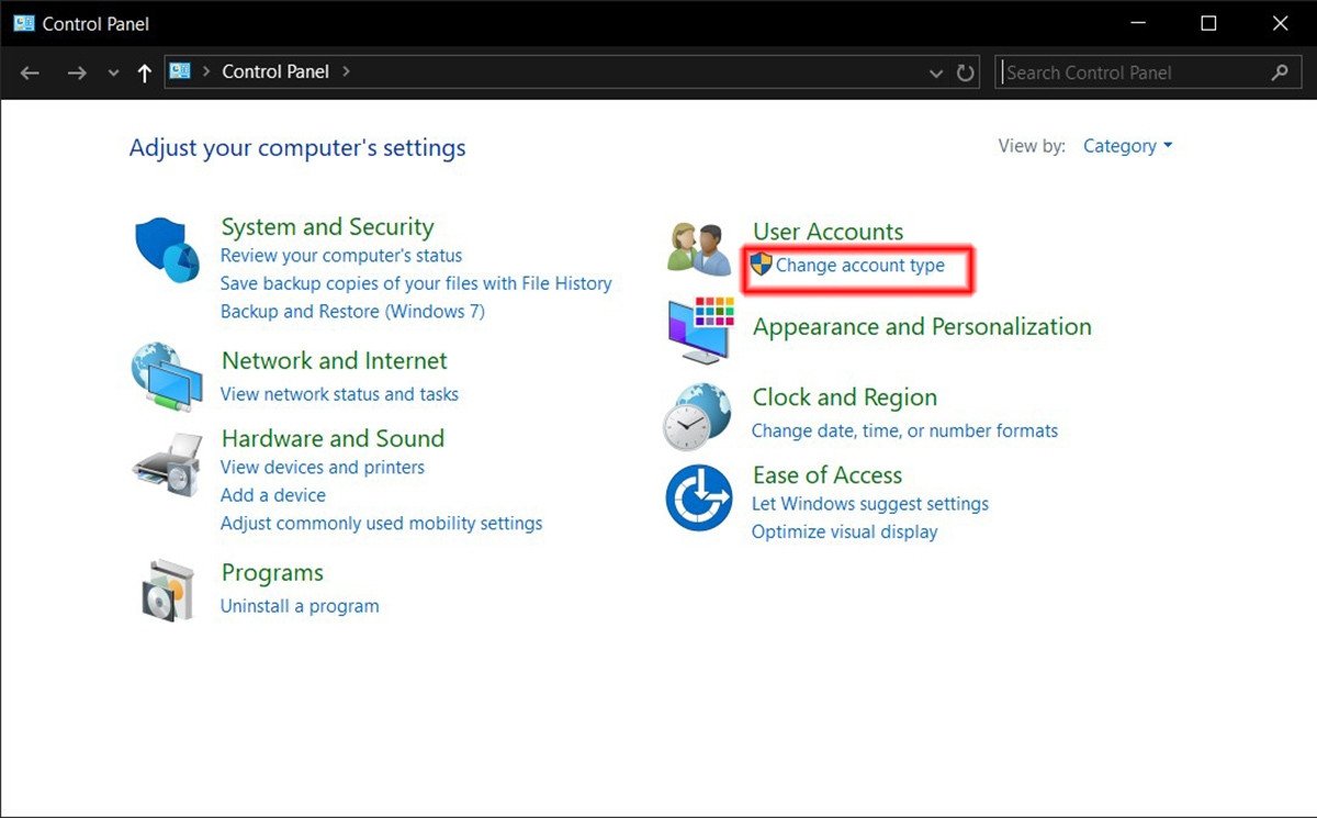 Giao diện Control Panel với tùy chọn thay đổi tài khoản người dùng trên laptop Dell