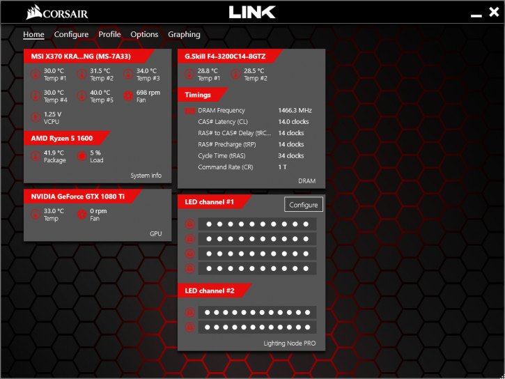 Giao diện Corsair Link hiển thị thông số và điều khiển quạt Corsair