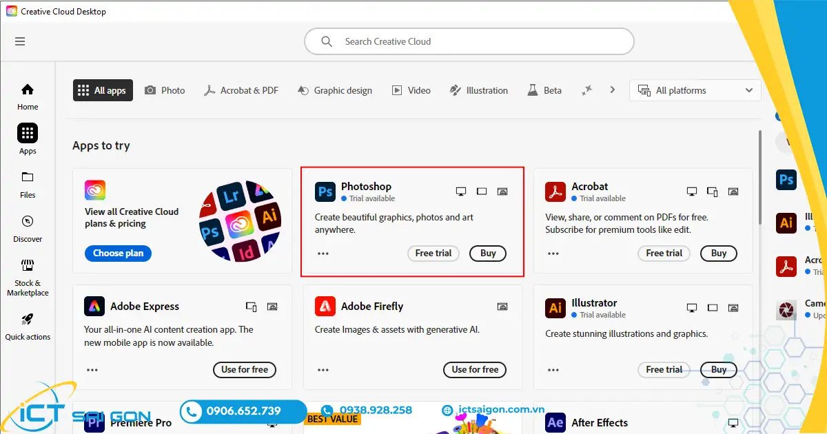 Giao diện Creative Cloud và tùy chọn cài Photoshop