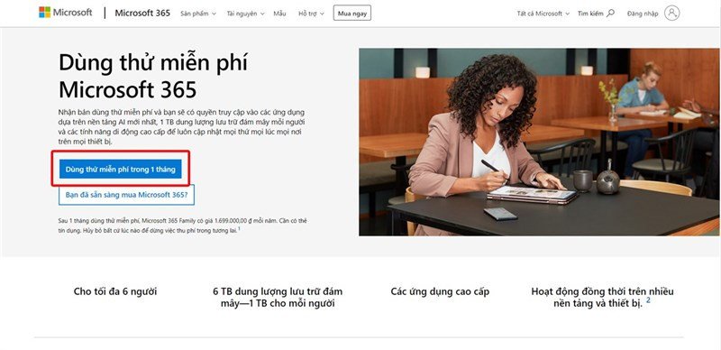 Giao diện đăng ký bản dùng thử Microsoft 365 trên trình duyệt