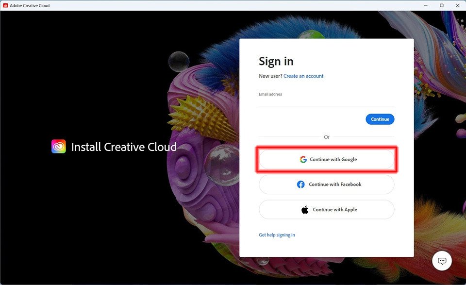 Giao diện đăng nhập hoặc đăng ký tài khoản Adobe ID để cài đặt Photoshop