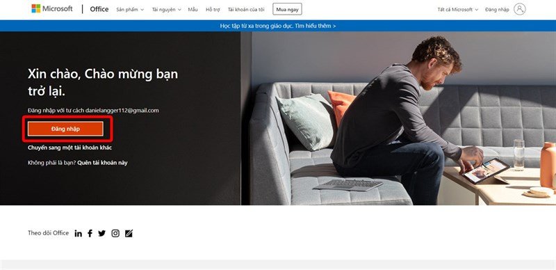 Giao diện đăng nhập Microsoft Office trực tuyến trên trình duyệt