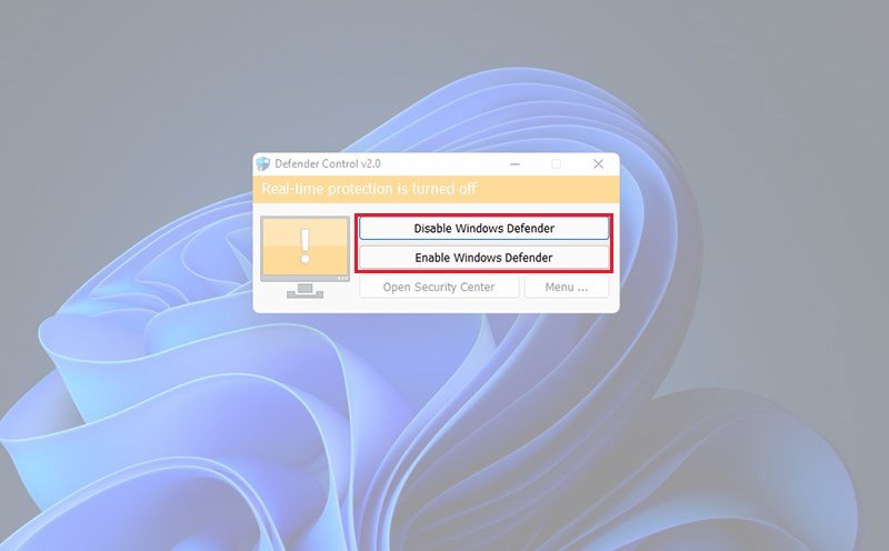 Giao diện Defender Control cho phép tắt bật Windows Defender dễ dàng