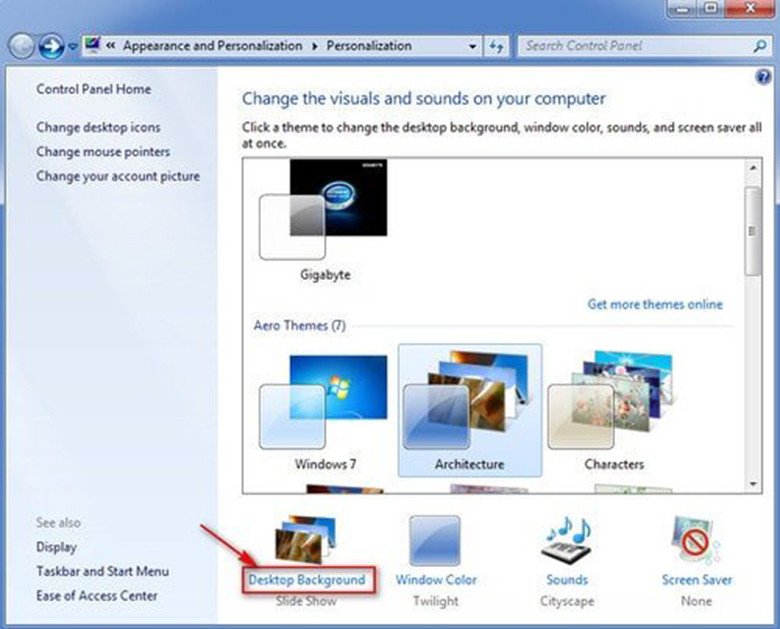 Giao diện Desktop Background trong Personalize để cài đặt ảnh nền laptop Windows 7