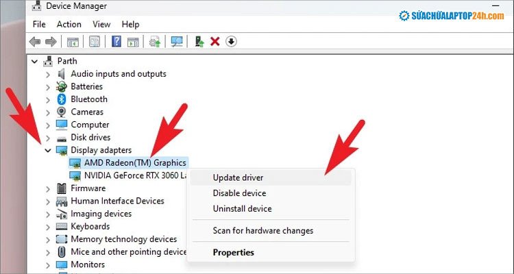 Giao diện Device Manager của Windows, hướng dẫn cách cập nhật driver đồ họa để tối ưu hóa hiệu suất và làm mát laptop