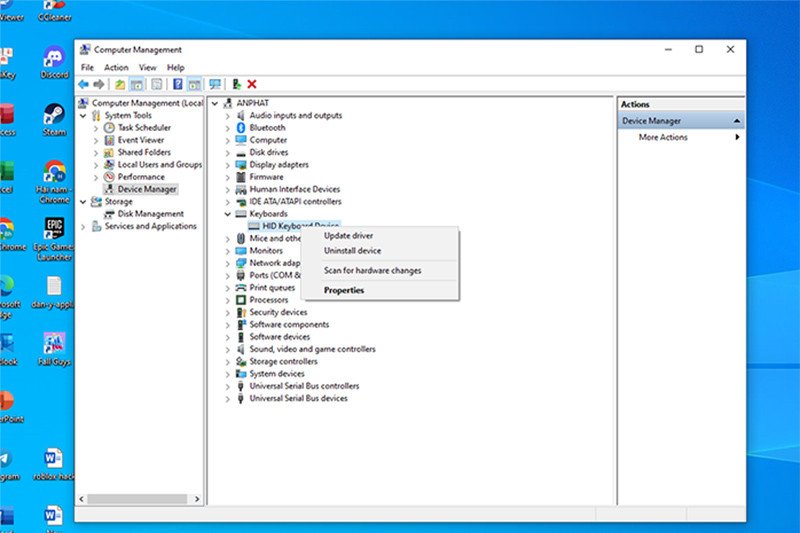 Giao diện Device Manager để cập nhật driver bàn phím máy tính Windows