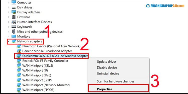 Giao diện Device Manager, hiển thị danh sách Network Adapters để quản lý driver Wi-Fi