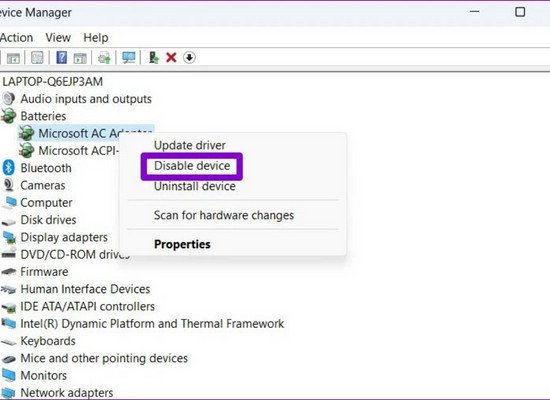 Giao diện Device Manager khi bật lại bộ điều hợp pin trên Windows 11