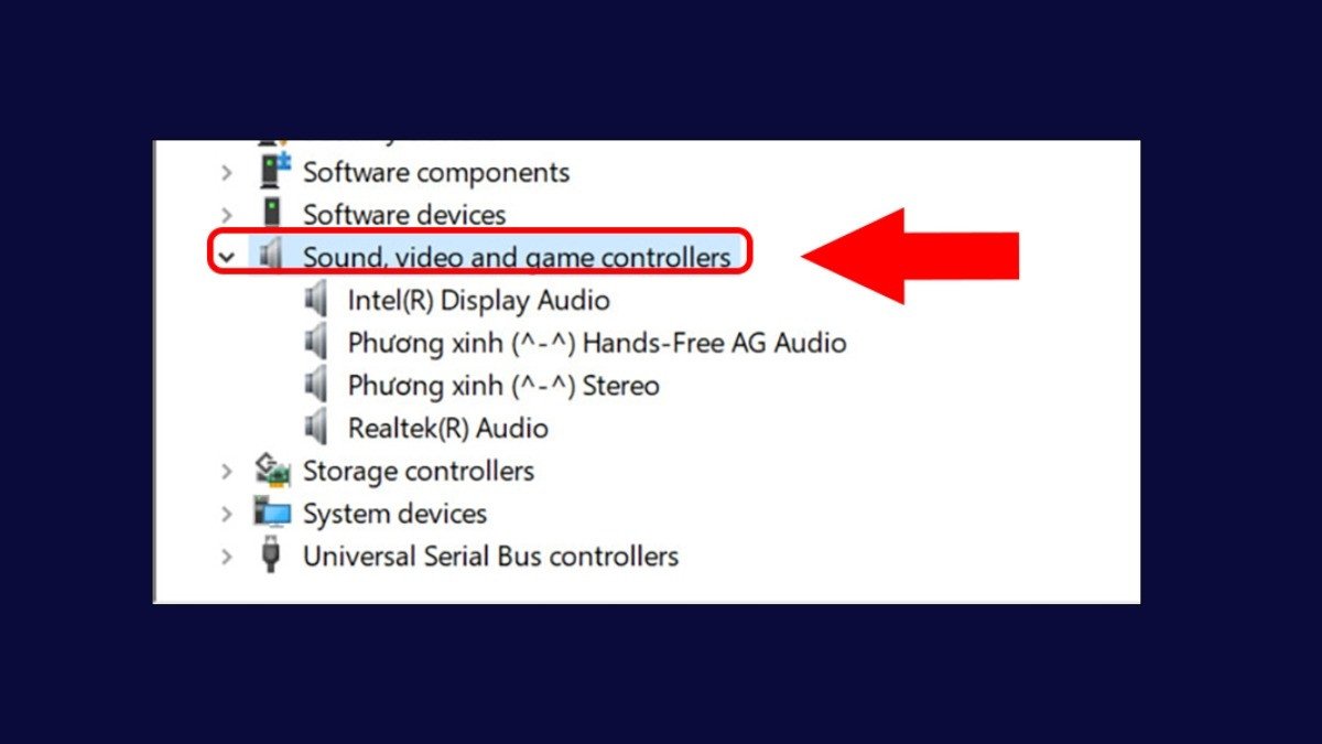 Giao diện Device Manager trên Windows, hiển thị mục "Sound, video and game controllers" để quản lý driver