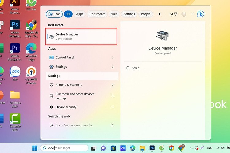 Giao diện Device Manager trên Windows, nơi quản lý driver và thiết bị phần cứng khi laptop không hiện chuột cảm ứng.
