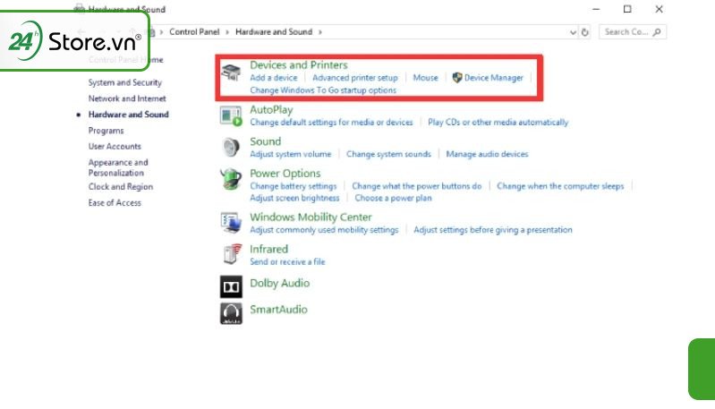 Giao diện Devices and Printers hiển thị các thiết bị đã kết nối với máy tính