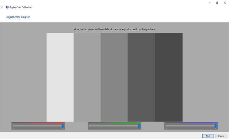 Giao diện điều chỉnh cân bằng màu sắc (RGB) trong công cụ cân màu màn hình laptop, cho phép tinh chỉnh màu đỏ, xanh lá, xanh dương.