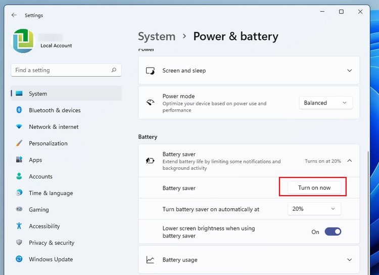 Giao diện điều khiển chế độ tiết kiệm pin laptop Win 11, tùy chọn Bật ngay.