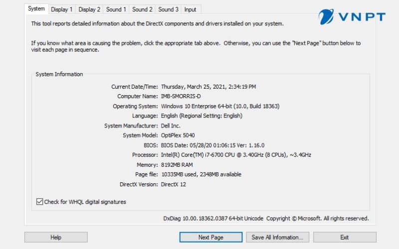 Giao diện DirectX Diagnostic Tool hiển thị các thông số kỹ thuật của máy tính