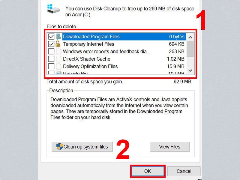 Giao diện Disk Cleanup hiển thị các loại tệp tin có thể xóa trên ổ C