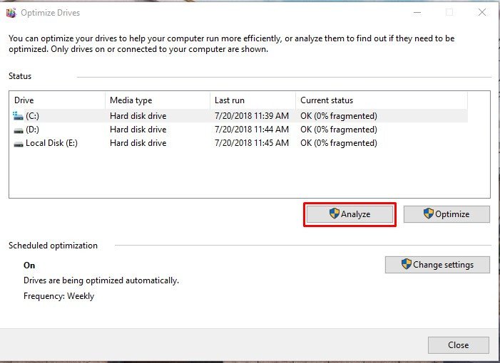 Giao diện Disk Defragmenter để chống phân mảnh ổ cứng laptop