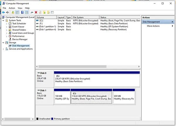 Giao diện Disk Management giúp kiểm tra dung lượng ổ cứng Win 10